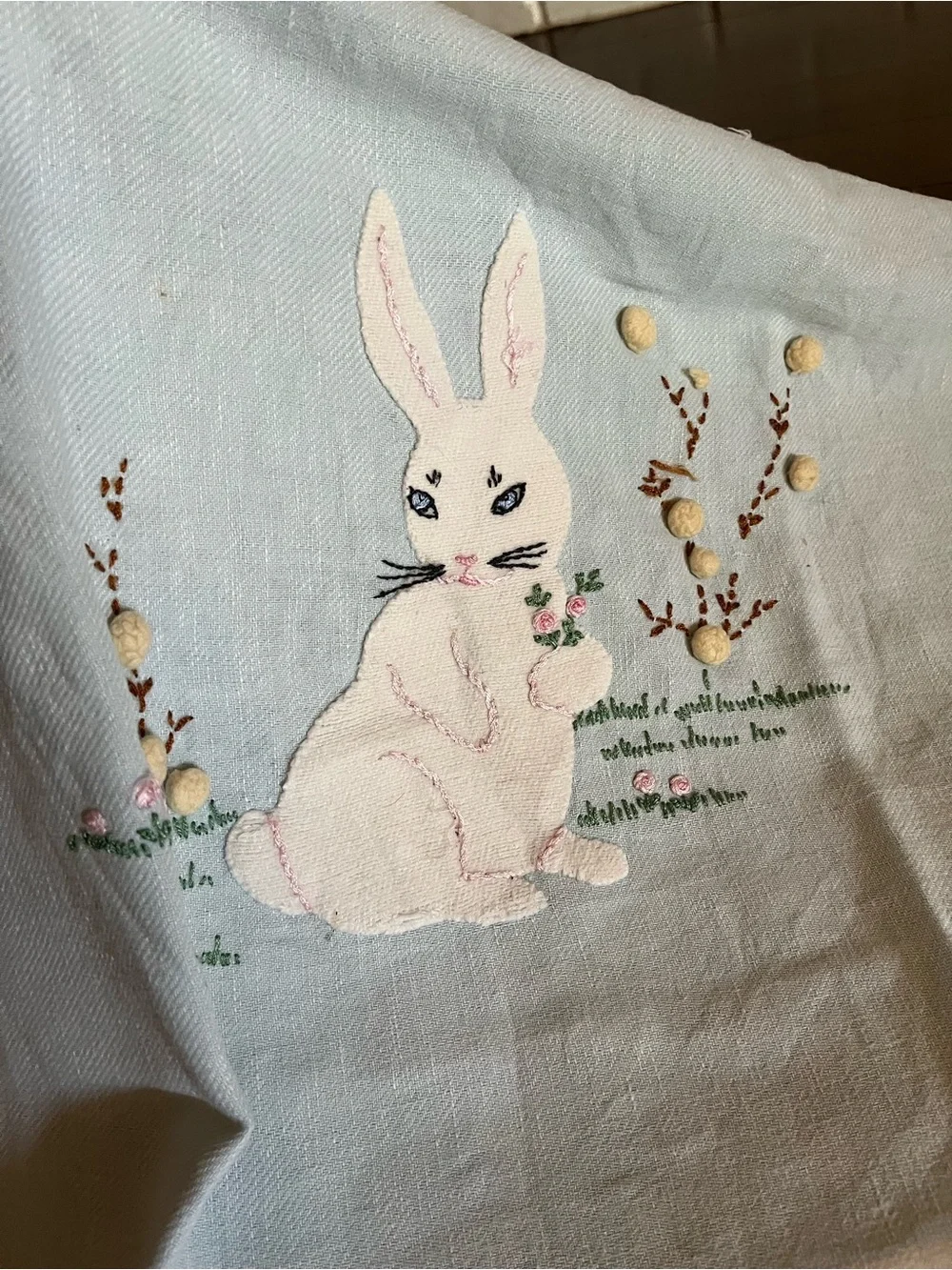 Rabbit bunny embroidery vintage blanket baby mcm nursery spring easter 🩷🩵🤍🐰